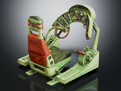 Vintage Mechanical Cockpit Seat With Dashboard Steering Wheel Red Cushion And Green Frame 3d model