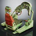 Vintage Mechanical Cockpit Seat With Dashboard Steering Wheel Red Cushion And Green Frame