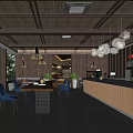 Modern Rustic Café Interior Design With Rattan Ceiling Wooden Bar Pendant Lights And Green Plants