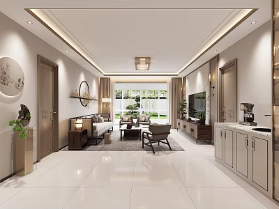 Modern Living Dining Room Interior Design With Sofa Coffee Table TV Cabinet And Plants 3d model