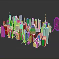 3D Rendered City Model with Tall Buildings and Ferris Wheel on Dark Reflective Surface