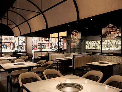 Modern Restaurant Interior With Arched Ceiling Marble Tabletop Tables Chairs Windows And Street View 3d model