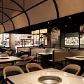 Modern Restaurant Interior With Arched Ceiling Marble Tabletop Tables Chairs Windows And Street View
