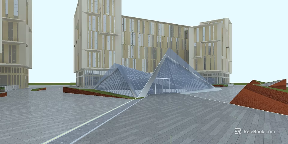 Modern Contemporary Architectural Complex Featuring Glass Triangular Structure And Open Plaza 3d model