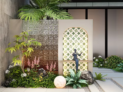Garden Feature Wall With Ornamental Lattice Arch Design Green Plants Sculpture Lighting And Stone Decor 3d model