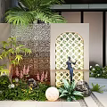 Cream style courtyard view wall background glass enclosing wall landscape porch screen partition 3d model
