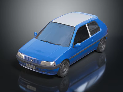 Blue Small Hatchback Car With White Roof And Black Windows On Reflective Surface 3d model