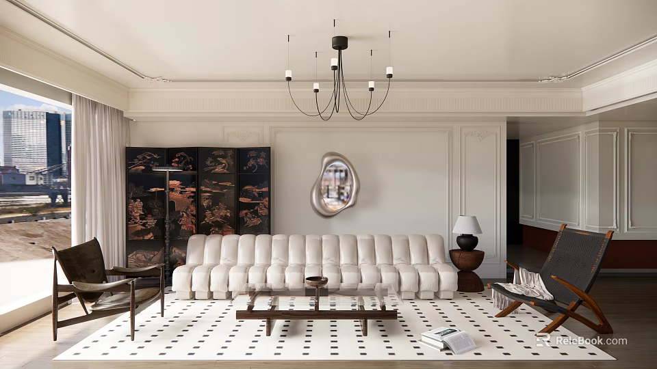 Elegant Living Room Interior With White Sofa Chandelier Oval Mirror And Patterned Rug 3d model 