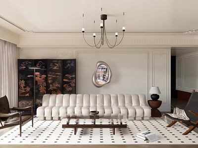 Elegant Living Room Interior With White Sofa Chandelier Oval Mirror And Patterned Rug 3d model