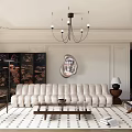 Elegant Living Room Interior With White Sofa Chandelier Oval Mirror And Patterned Rug