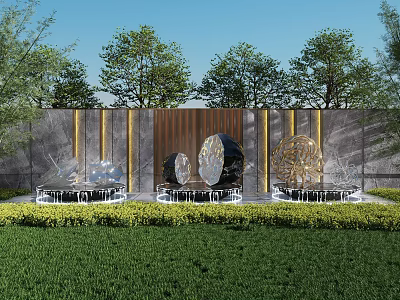 Outdoor Black Circular Sculptures With Water Features Against Gray Wall Golden Pillars And Green Lawn 3d model