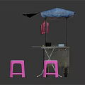 Outdoor Mobile Food Cart With Blue Canopy White Table And Pink Stools