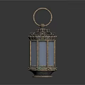 Antique Brass Lantern Featuring Circular Handle Polyhedral Structure Dark Glass Panels And Ornate Metal Details