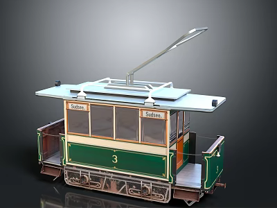 Vintage Green And White Tram Number 3 With Strasbourg Sign Roof Pantograph And Open Carriage 3d model