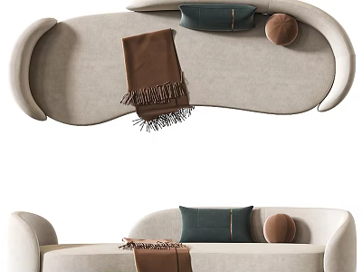 Curved Beige Sofa With Brown Throw Blanket Dark Green Cushion And Round Pillow 3d model