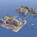 Cartoon Water City Scene With Colorful Buildings Various Architectural Styles Green Trees And Blue Water
