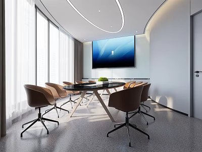 Modern Conference Room With Natural Light Round Meeting Table Brown Chairs And Large Screen 3d model