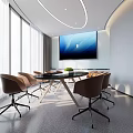 Modern Conference Room With Natural Light Round Meeting Table Brown Chairs And Large Screen