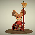 Cartoon Reptile In Red Outfit Holding Spear With Cheese Shaped Top And Shield