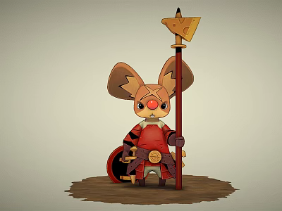 Cartoon Reptile In Red Outfit Holding Spear With Cheese Shaped Top And Shield 3d model