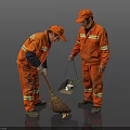 Two Sanitation Workers In Orange Work Uniforms Sweeping With Broom And Trash Bin