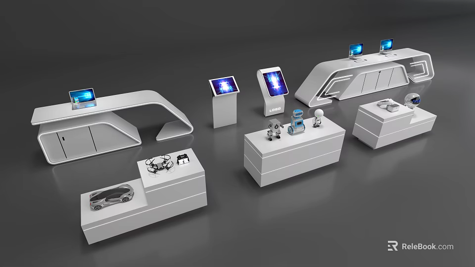 Modern Retail Display Shelves With White Finish Digital Screens And Product Areas 3d model 