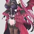 Woman with Long Red Hair Black Horns and Black Wings Wearing Black Purple Outfit with Lace Strappy Design