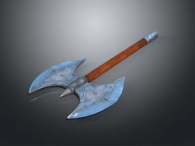 Double Edged Battle Axe With Ornate Metal Blade And Brown Wooden Handle 3d model