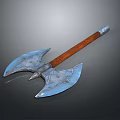 Double Edged Battle Axe With Ornate Metal Blade And Brown Wooden Handle