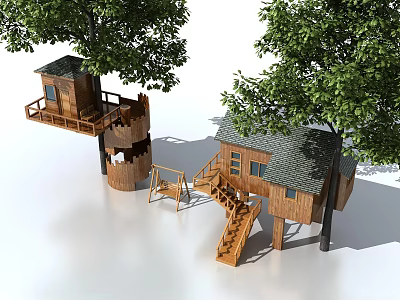Wooden Tree House with Platform Stairs and Swing Surrounded by Green Trees 3d model