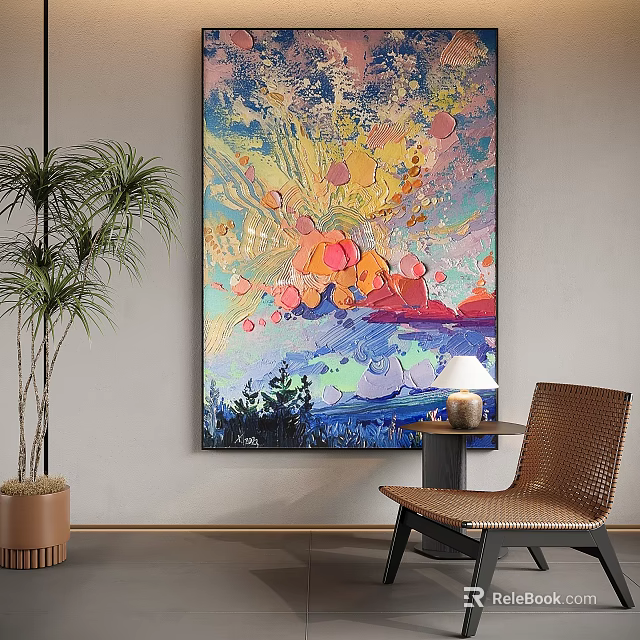 Abstract Painting with Vibrant Colors and Potted Plant Near Wicker Chair and Table Lamp 3d model 