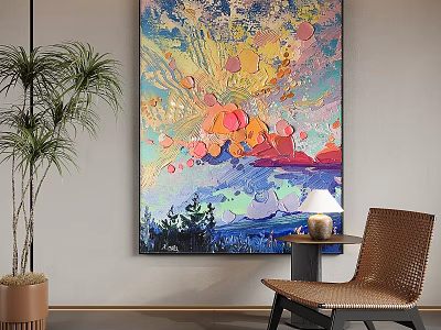 Abstract Painting with Vibrant Colors and Potted Plant Near Wicker Chair and Table Lamp 3d model
