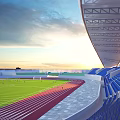 Modern Sports Stadium Building With Curved Roof Blue Stands Red Track Green Field And Sunlight