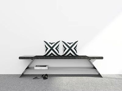 Modern Bench With Black White Geometric Pillows And Shelf Underneath White Wall Gray Carpet 3d model