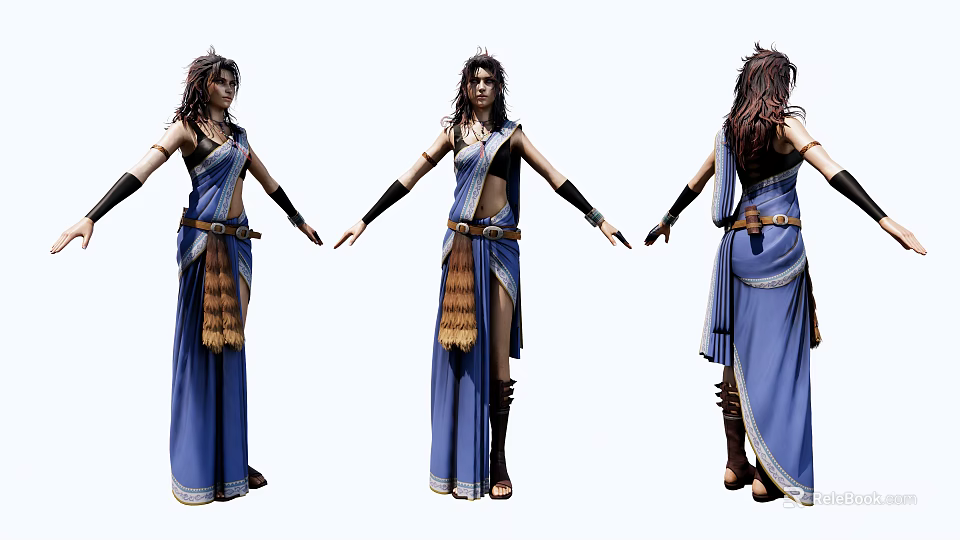 Woman In Blue Traditional Dress With Decorative Belt And Black Wristbands Front Side Back Views 3d model 