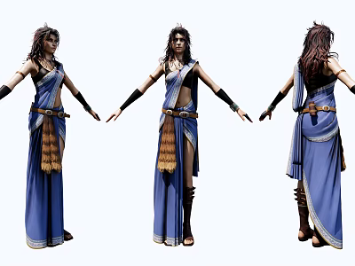 Woman In Blue Traditional Dress With Decorative Belt And Black Wristbands Front Side Back Views 3d model