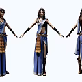 Woman In Blue Traditional Dress With Decorative Belt And Black Wristbands Front Side Back Views