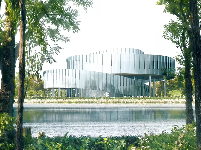 Modern Museum Building With Curved Glass Facade Surrounded by Trees and Lake 3d model
