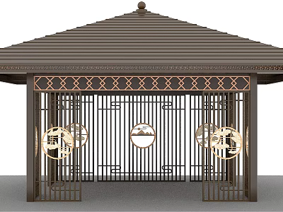 Traditional Chinese Pavilion With Ornate Carved Roof And Circular Decorative Structures 3d model