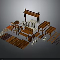 Traditional Chinese Wooden Furniture Components With Tables Chairs Shelves Ladders Barrels And Planks