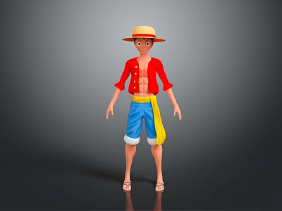 Child with red open shirt exposed chest blue shorts yellow sash straw hat barefoot standing 3d model