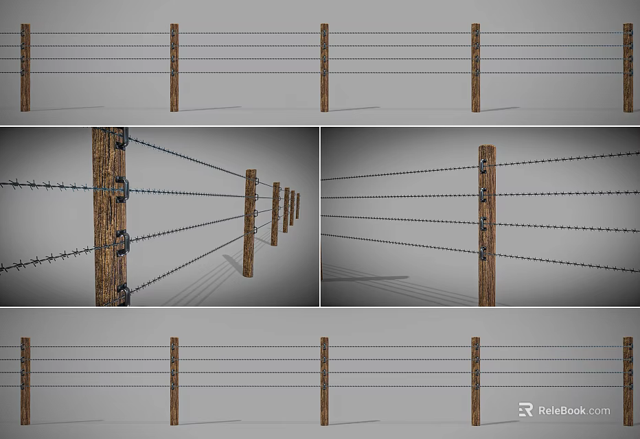 Outdoor Security Fence With Wooden Posts Barbed Wire And Wire Mesh 3d model