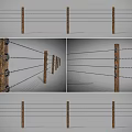 Outdoor Security Fence With Wooden Posts Barbed Wire And Wire Mesh 3d model