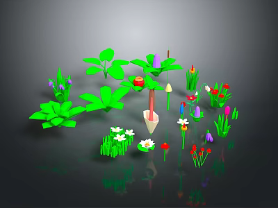 Diverse Plants With Green Leaves Purple Red Small White Flowers Apple And Shovel 3d model