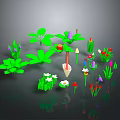 Diverse Plants With Green Leaves Purple Red Small White Flowers Apple And Shovel