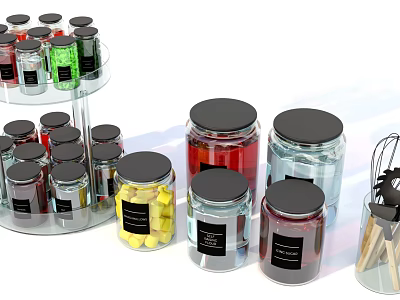 Modern Kitchen Cabinets With Glass Jars And Black Lids For Storage 3d model