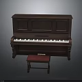Classical Dark Brown Wooden Piano With Red Upholstered Stool And Carved Legs