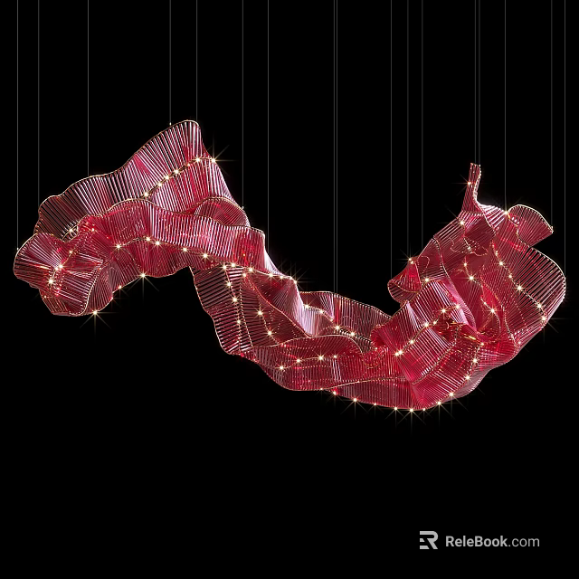 Red Modern Artistic Flowing Pleated Chandelier Illuminated With Embedded Lights For Interior Decor 3d model 