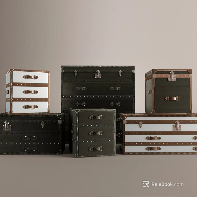 Vintage Leather Trunks Display With Metal Rivets Various Sizes And Classic Color Tones 3d model 