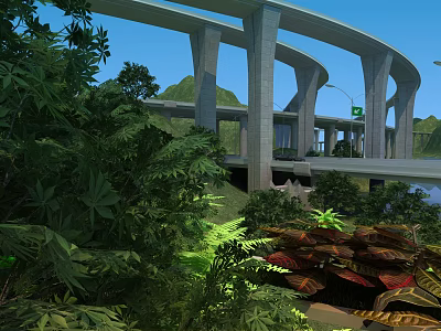 Modern Road Infrastructure Bridge With Greenery Mountain Views And Clear Blue Sky 3d model